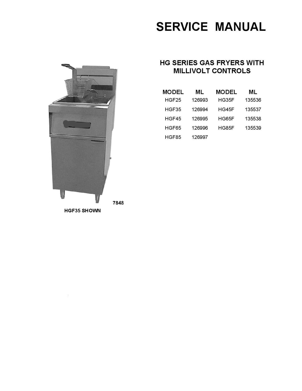 HOBART MODEL HG Series Gas Fryer Millivolt Controls SERVICE, TECHNICAL AND REPAIR MANUAL