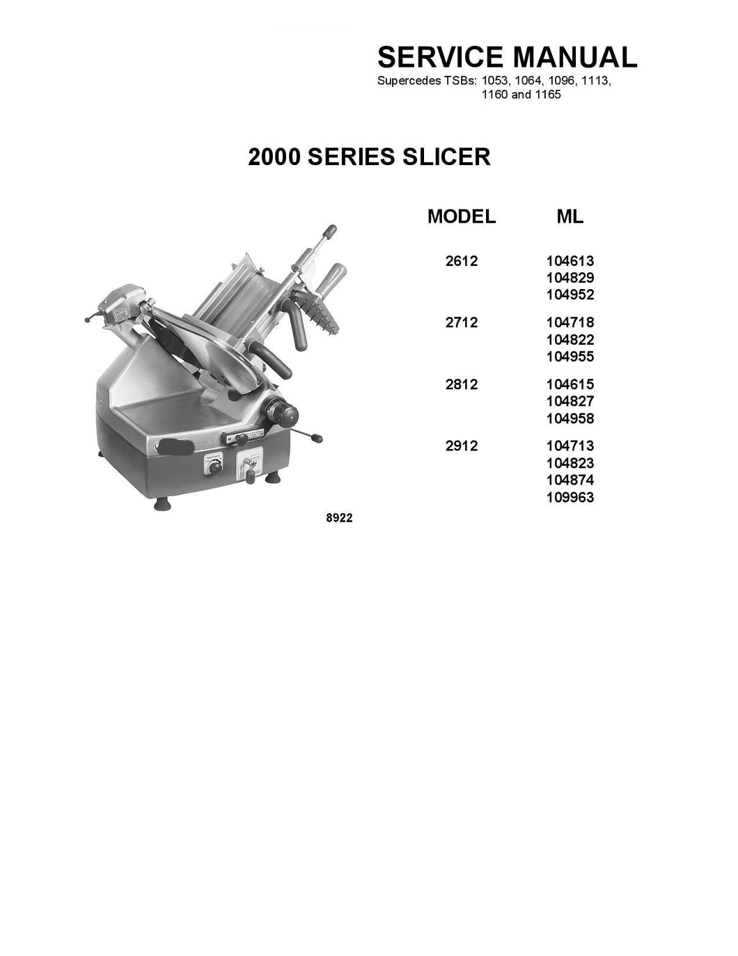 HOBART MODEL 2612, 2712, 2812, 2912 SLICER SERVICE, TECHNICAL AND REPAIR MANUALS PDF